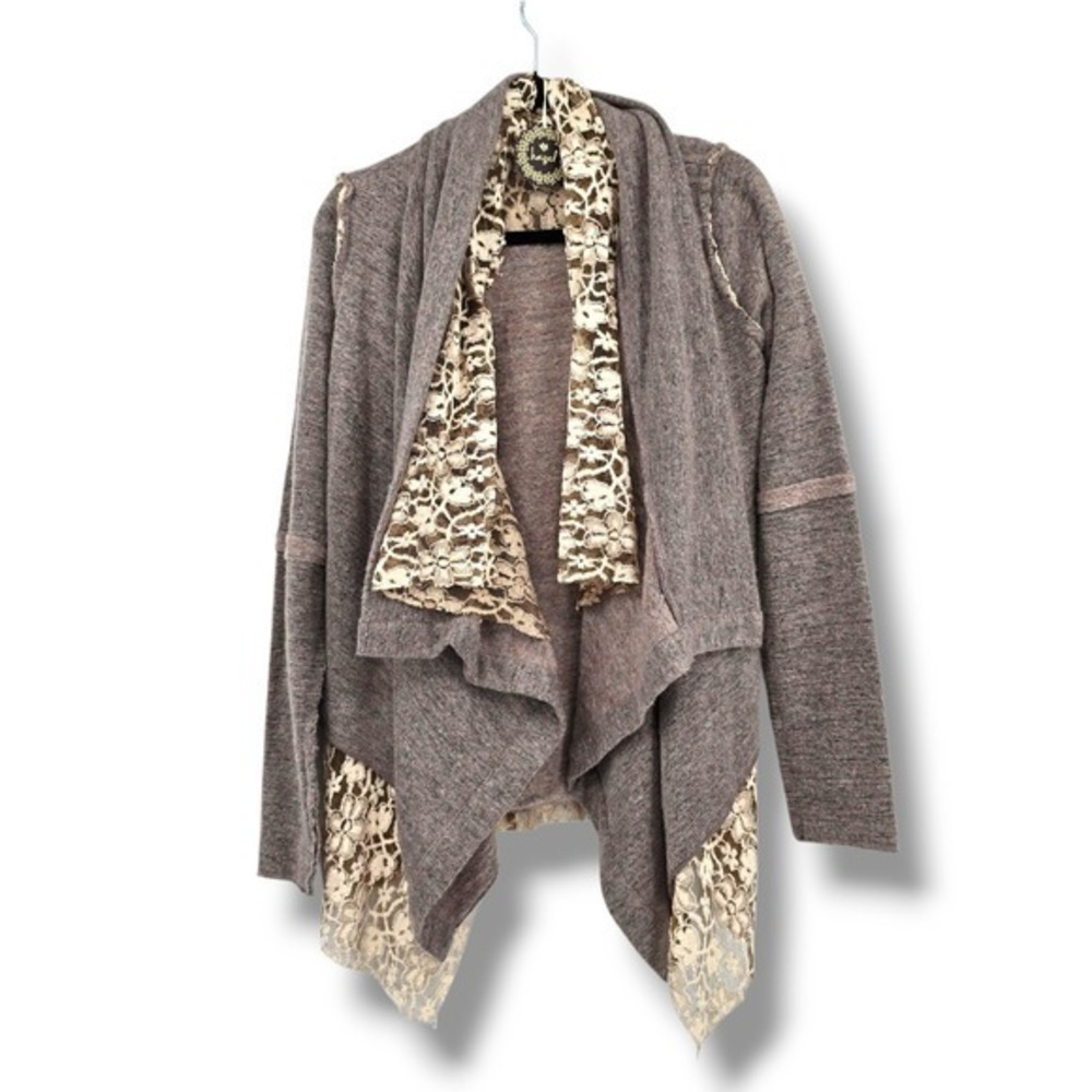 NEW Hazel Lace‎ Back Cardigan Open Front Draped Knit Sweater Brown Small
